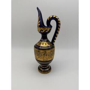Grecian Cobalt Blue Classic Greece Scene 9" Greek Key Pitcher Vase 24K gold